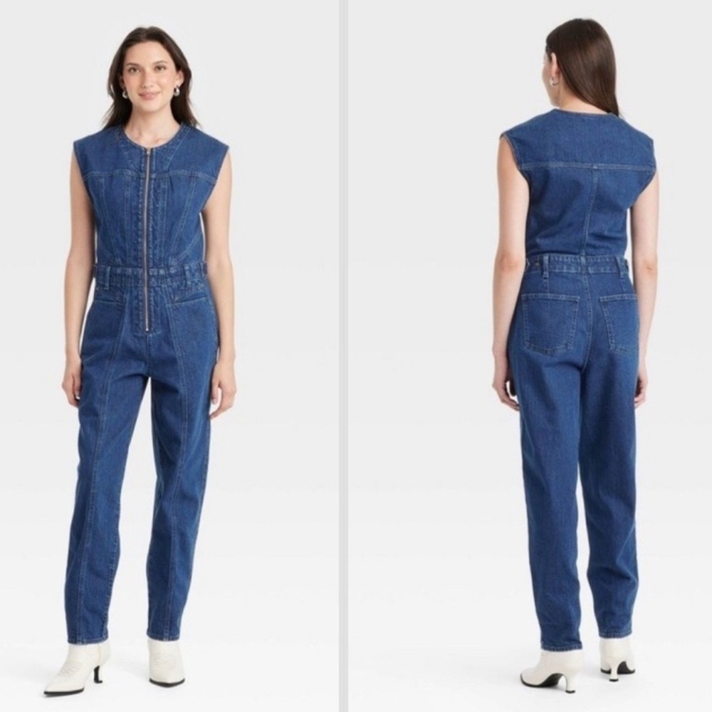 NWT Universal Thread Sleeveless Denim Jumpsuit Zip Front Coveralls Size 6 Blue - Picture 2 of 14